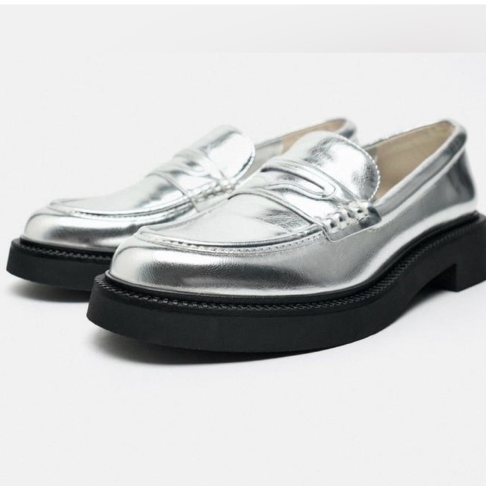 ZARA Metallic Silver Lug Sole Loafers 7.5 - Picture 9 of 11